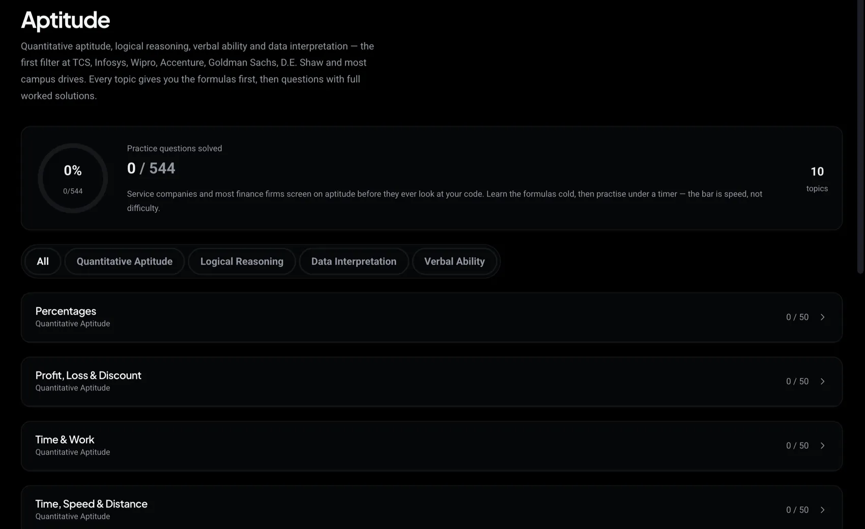 The Aptitude page in crackalgo
