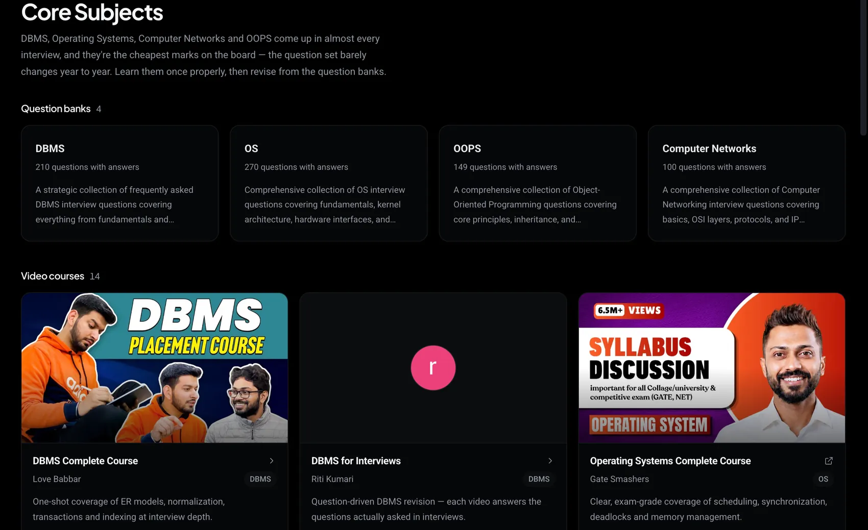 The Core Subjects page in crackalgo