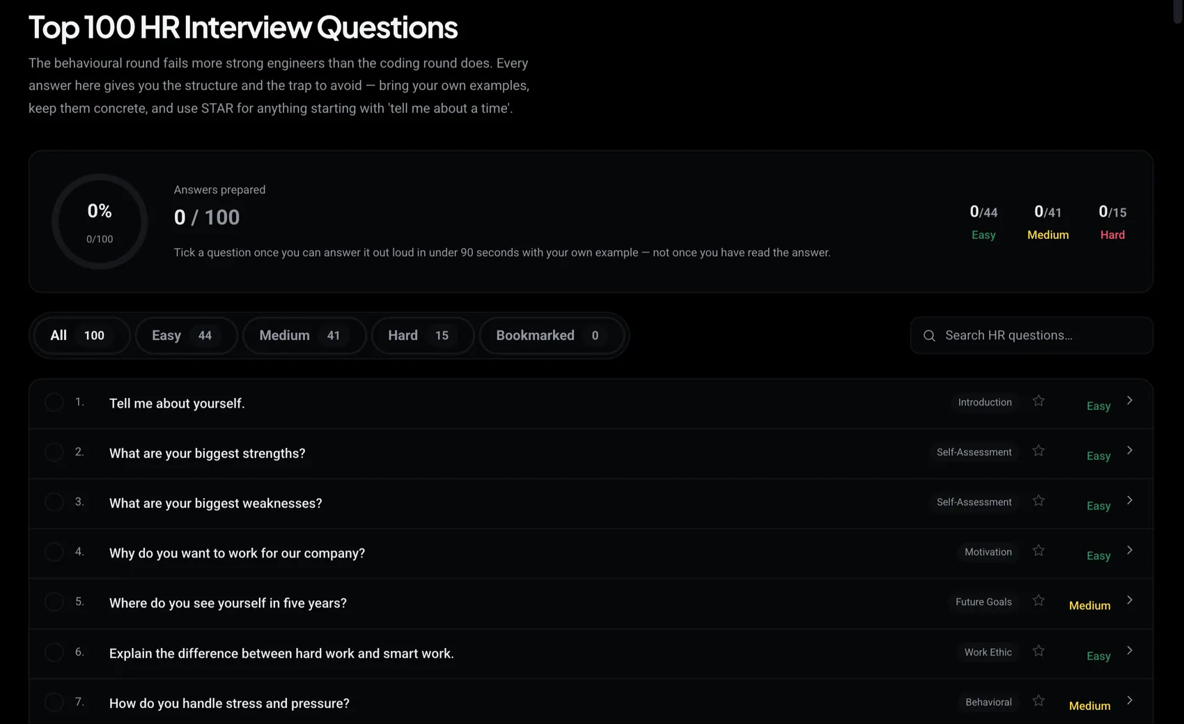 The HR Questions page in crackalgo