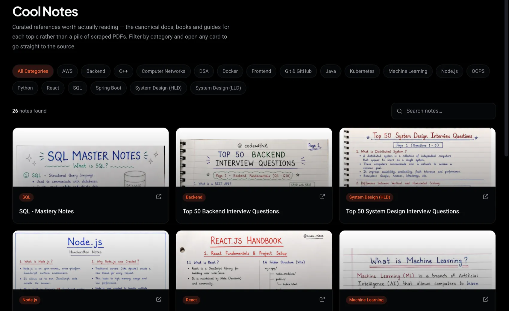 The Cool Notes page showing curated handwritten reference notes