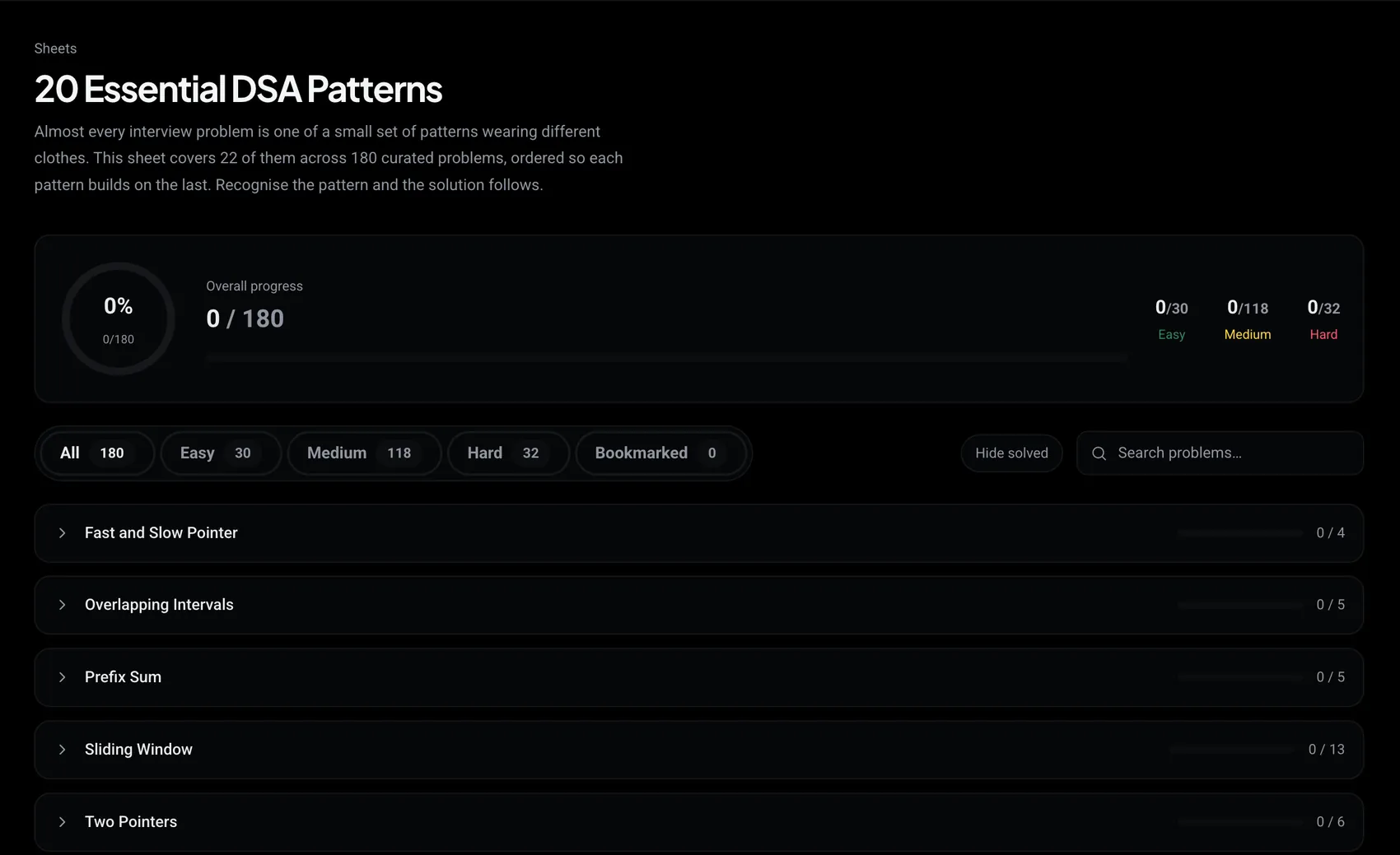 The DSA Patterns page in crackalgo
